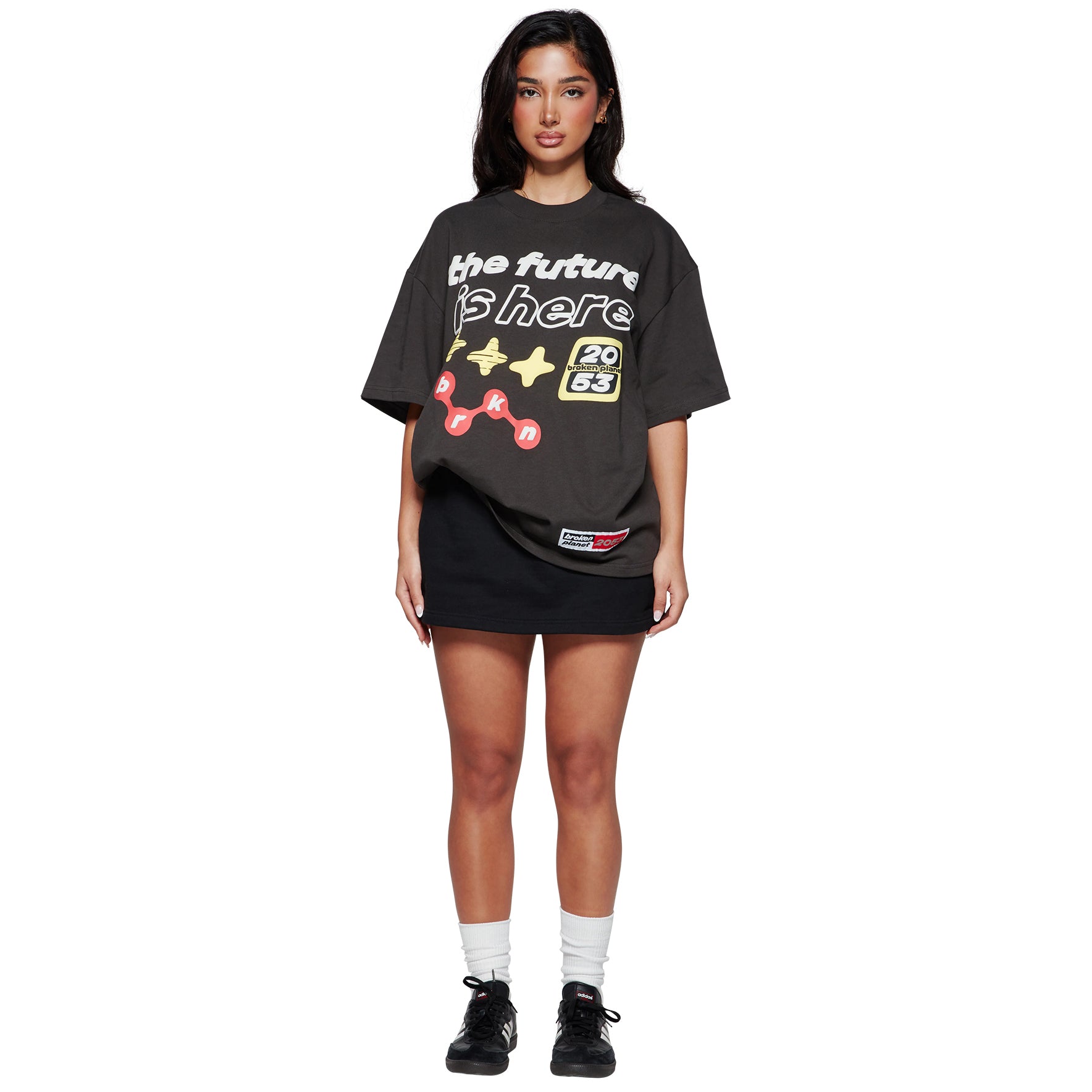 Model front view of Broken Planet The Future Is Here Midnight Black T Shirt BP-TFIH-TS-S_BLACK